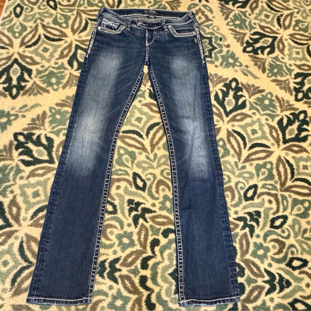Women’s Silver Tuesday Low Baby Boot Dark Wash Stretch Jeans 27 Long 29 x 33